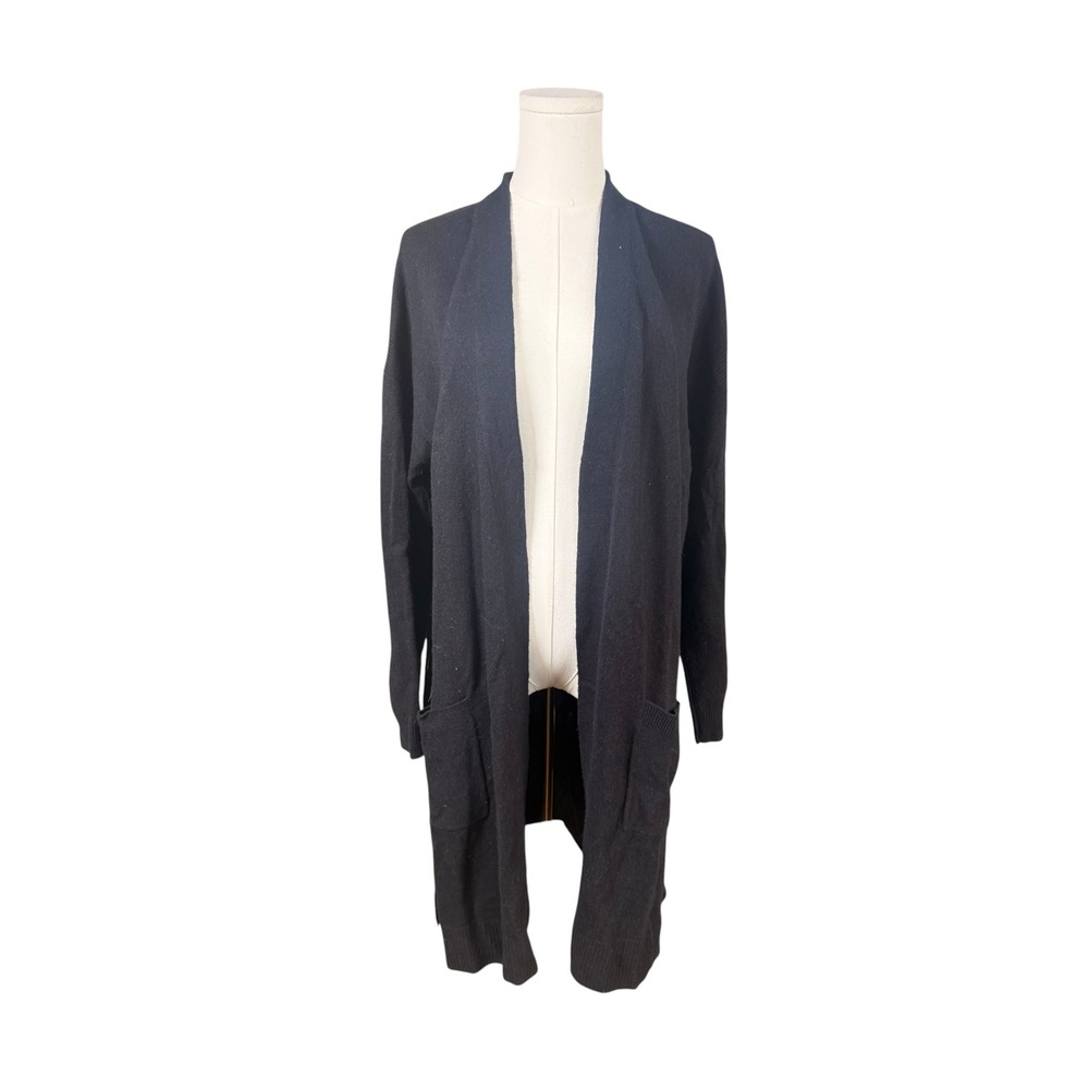 Halogen Black Wool Cashmere Blend Longline Open Front Cardigan Sweater XL